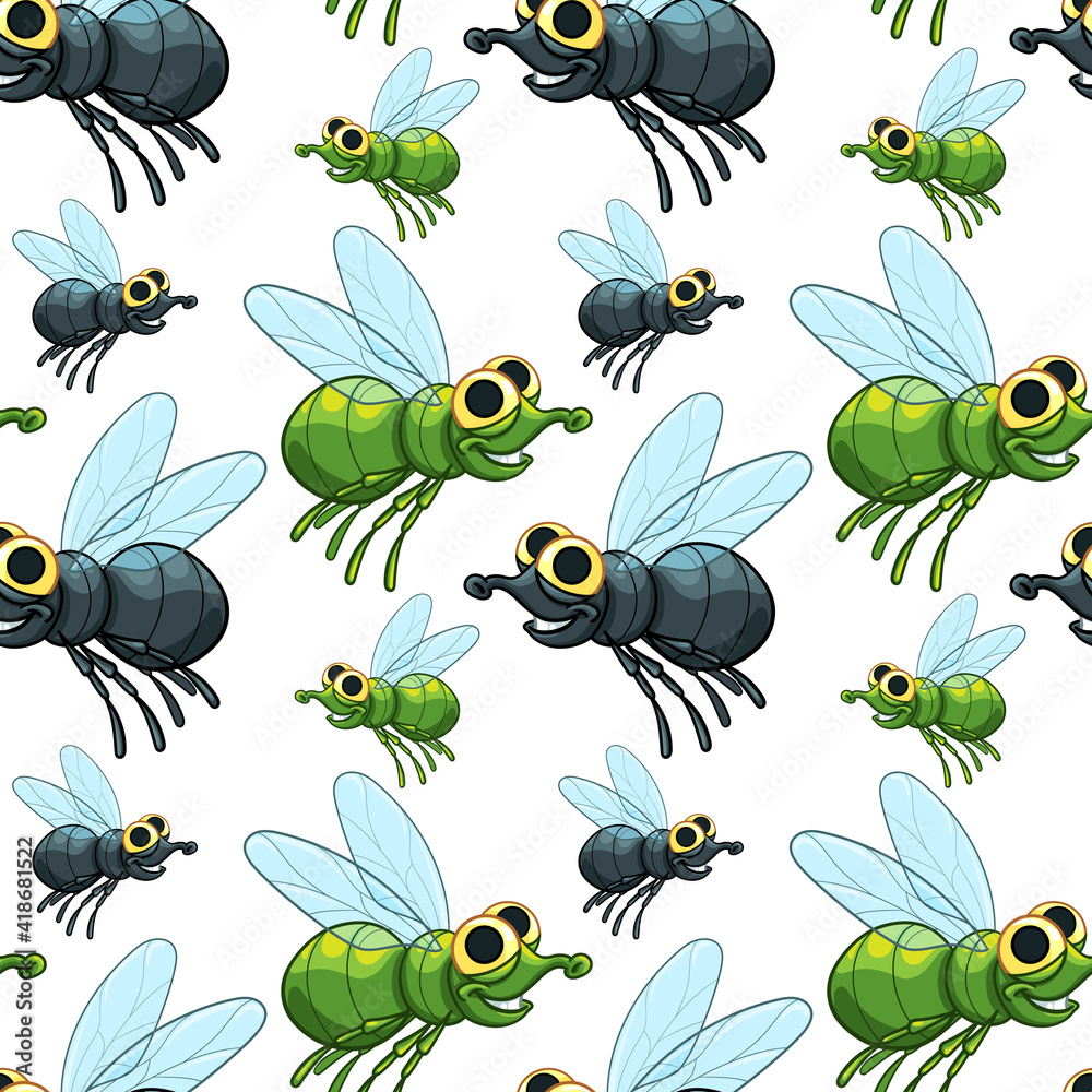 Funny flies in cartoon style. Seamless vector pattern. Funny flies in cartoon style. Seamless vector pattern.