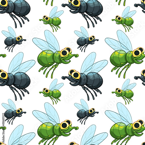 Funny flies in cartoon style. Seamless vector pattern. 