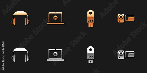 Set Headphones, Online play video, USB flash drive and Cinema camera icon. Vector.