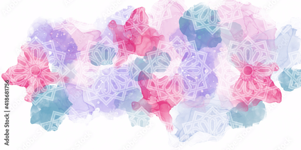 Liquid marble or splash abstract art suitable for background design of posters, cards, invitations. Layered with Islamic geometric pattern. Pastel colors. Vector illustration. Panorama, banner format. Liquid marble or splash abstract art suitable for background design of posters, cards, invitations. Layered with Islamic geometric pattern. Pastel colors. Vector illustration. Panorama, banner format.