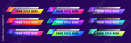 Set of TV news bars. News sign, streaming video. Breaking, fake, sport news. Interface sign. Mockup templates ready for your design. Vector illustration. Isolated on a blue background