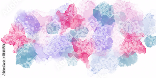 Liquid marble or splash abstract art suitable for background design of posters, cards, invitations. Layered with Islamic geometric pattern. Pastel colors. Vector illustration. Panorama, banner format.