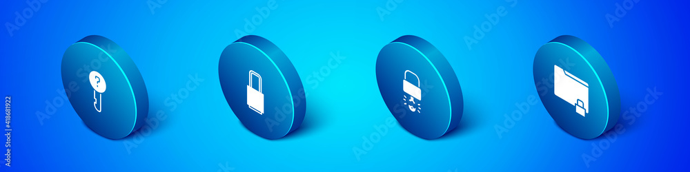 Set Isometric Undefined key, Key broke inside of padlock, Folder and and Lock icon. Vector. Set Isometric Undefined key, Key broke inside of padlock, Folder and and Lock icon. Vector.