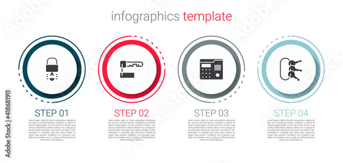 Set Key broke inside of padlock, Marked key, House intercom system and Bunch keys. Business infographic template. Vector.