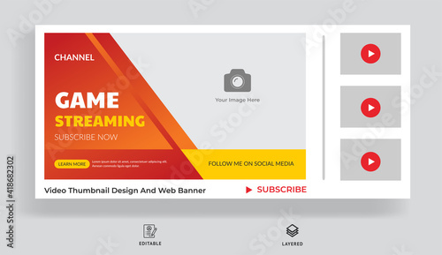 Video game streaming and review video thumbnail and web banner template. Video cover photo design for social media 