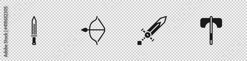 Set Medieval sword, bow and arrow, and axe icon. Vector.