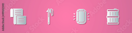 Set paper cut Decree, parchment, scroll, Medieval axe, Diamond and Wooden barrel icon. Paper art style. Vector.