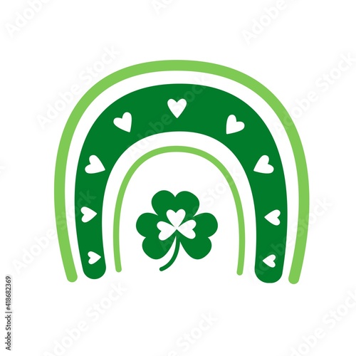 St. Patrick’s day boho rainbow with clover leaves, heart isolated on white background. Vector flat  illustration. Design for banner, poster, greeting card, flyer, postcard, sticker, print