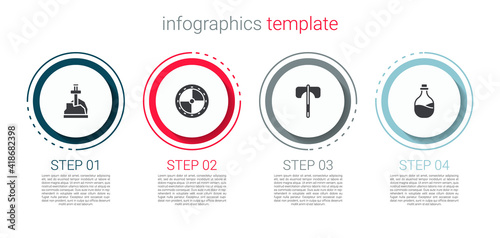 Set Sword in the stone, Round wooden shield, Medieval axe and Old bottle of wine. Business infographic template. Vector.