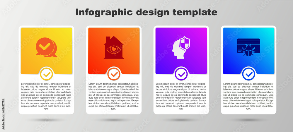 Set Check mark in speech bubble, House with eye scan, Head shield and System bug credit card. Business infographic template. Vector. Set Check mark in speech bubble, House with eye scan, Head shield and System bug credit card. Business infographic template. Vector.