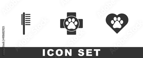 Set Pets vial medical, Veterinary clinic and Heart with animals footprint icon. Vector. © Kostiantyn