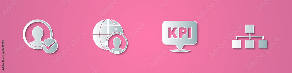 Set paper cut Create account screen, Globe and people, Key performance indicator and Hierarchy organogram chart icon. Paper art style. Vector. Set paper cut Create account screen, Globe and people, Key performance indicator and Hierarchy organogram chart icon. Paper art style. Vector.