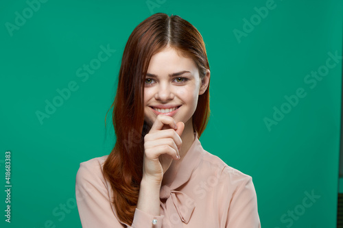 cheerful pretty woman pink shirt smile emotion cropped view isolated background