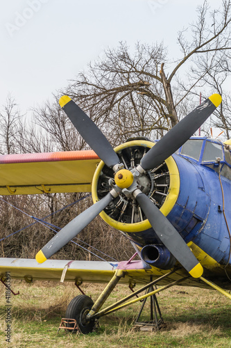 Novi Sad, Serbia - March 05. 2021: Propeller of a parked aircraft - Antonov (PZL-Mielec) An-2R, off the runway at the Aero Club Novi Sad, Serbia.