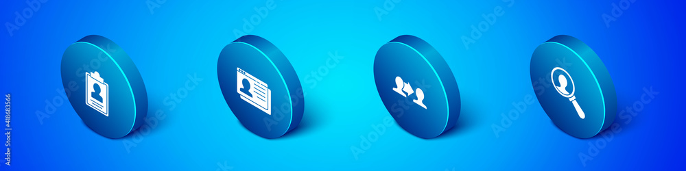 Set Isometric Clipboard with resume, Project team base, Magnifying glass for search and Resume icon. Vector. Set Isometric Clipboard with resume, Project team base, Magnifying glass for search and Resume icon. Vector.