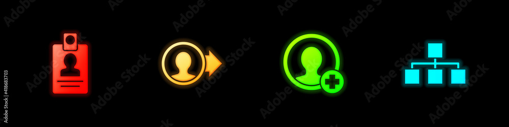 Set Identification badge, Create account screen, and Hierarchy organogram chart icon. Vector. Set Identification badge, Create account screen, and Hierarchy organogram chart icon. Vector.