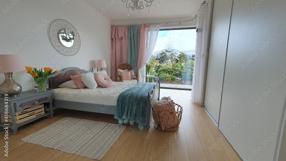 Big bedroom with a terrace - obrazy, fototapety, plakaty 