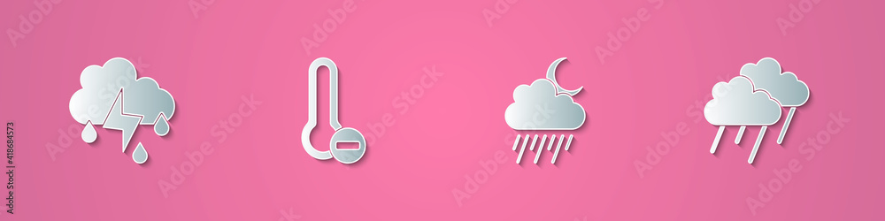 Set paper cut Cloud with rain and lightning, Meteorology thermometer, moon and icon. Paper art style. Vector.