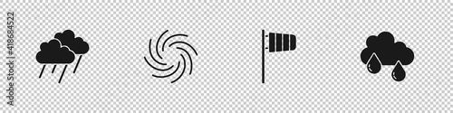Set Cloud with rain, Tornado, Cone windsock wind vane and icon. Vector.