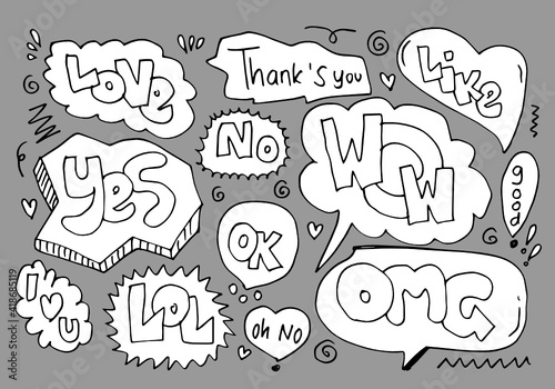 Hand drawn set of speech bubbles with handwritten text love thank you like yes no wow ok omg lol good.