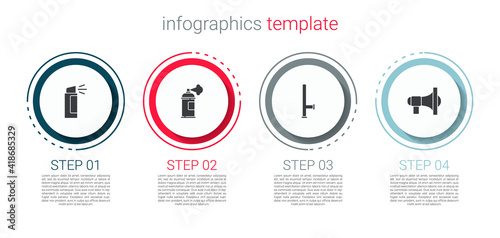 Set Pepper spray, Paint can, Police rubber baton and Megaphone. Business infographic template. Vector.