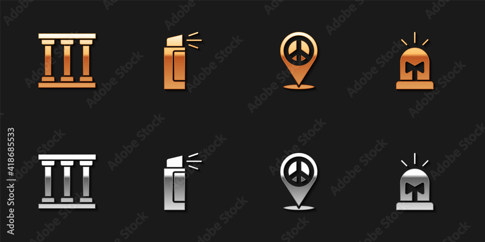 Set Prison window, Pepper spray, Location peace and Flasher siren icon. Vector. Set Prison window, Pepper spray, Location peace and Flasher siren icon. Vector.