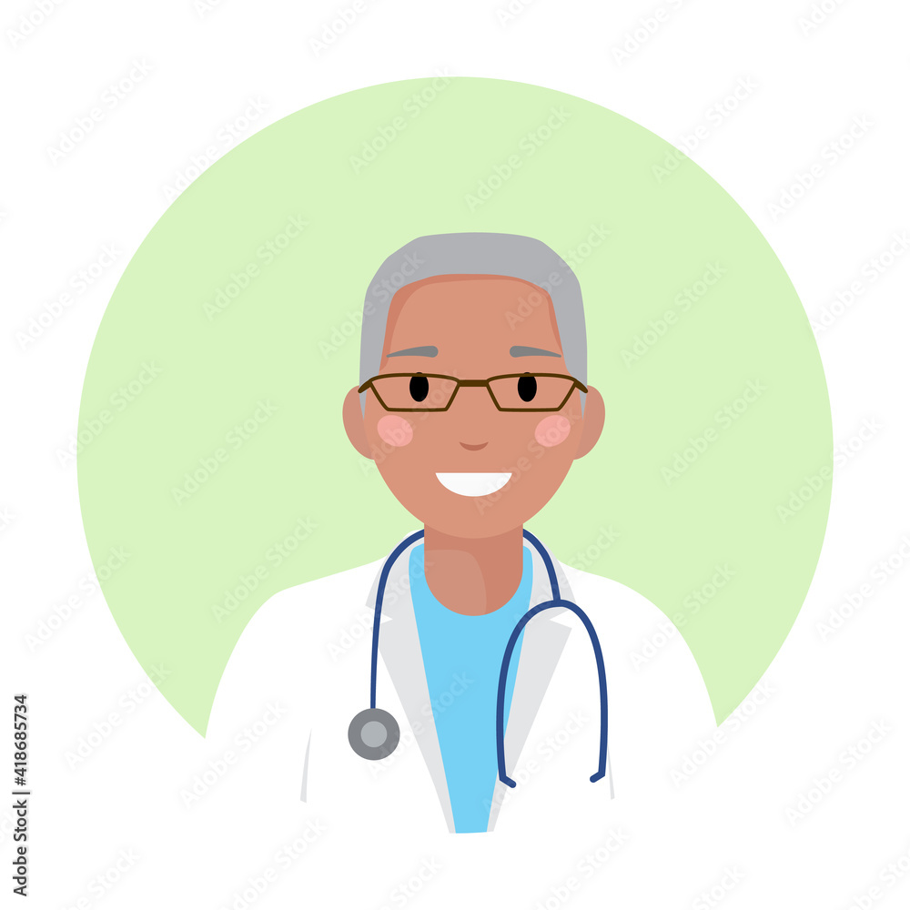Black senior male doctor in medical white coat with glasses and stethoscope. African american physician professional avatar, silhouette, profile, man icon for web site, app. Flat vector illustration.