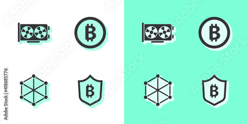 Set Shield with bitcoin, Video graphic card, Blockchain technology and Bitcoin icon. Vector.