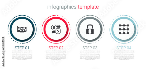 Set Video graphic card, Cryptocurrency exchange, Lock with bitcoin and Blockchain technology. Business infographic template. Vector.