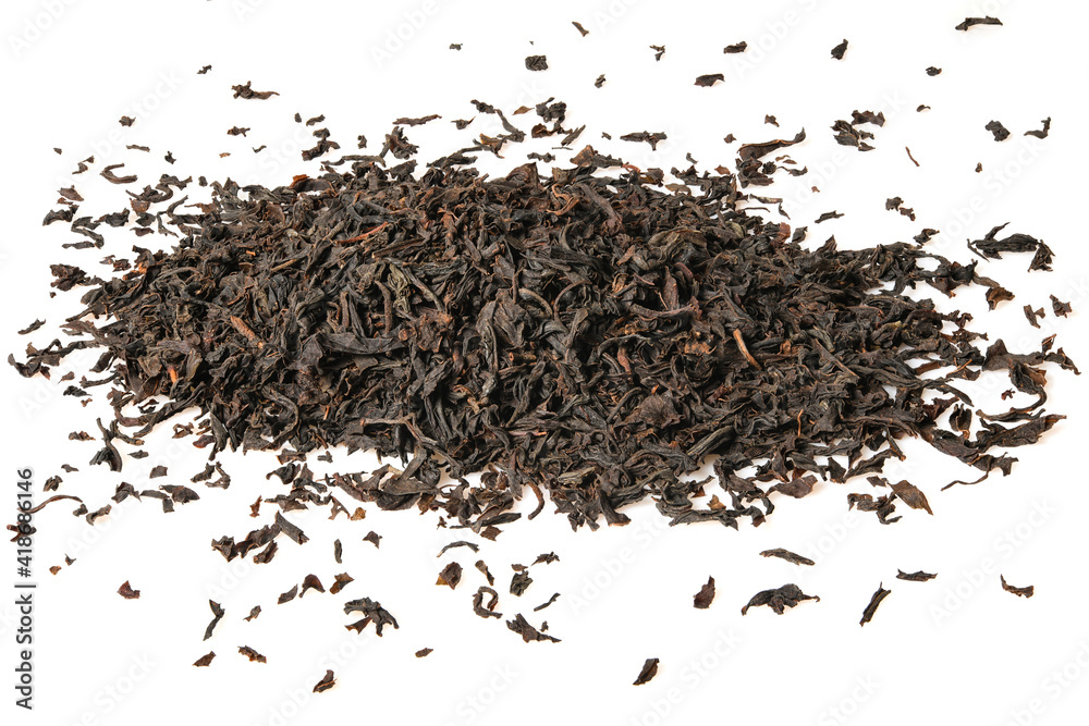 Loose dry black tea from Nilgiri, India. Close-up macro high resolution isolated on white background.. Loose dry black tea from Nilgiri, India. Close-up macro high resolution isolated on white background..