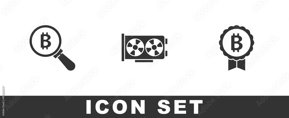 Set Magnifying glass with Bitcoin, Video graphic card and icon. Vector. Set Magnifying glass with Bitcoin, Video graphic card and icon. Vector.