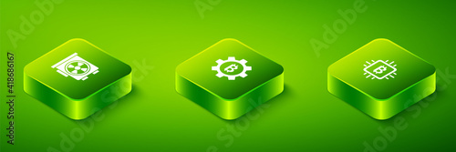 Set Isometric Cryptocurrency coin Bitcoin, CPU mining farm and Video graphic card icon. Vector.