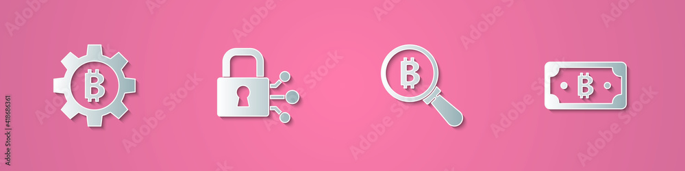 Set paper cut Cryptocurrency coin Bitcoin, Lock with bitcoin, Magnifying glass and icon. Paper art style. Vector. Set paper cut Cryptocurrency coin Bitcoin, Lock with bitcoin, Magnifying glass and icon. Paper art style. Vector.