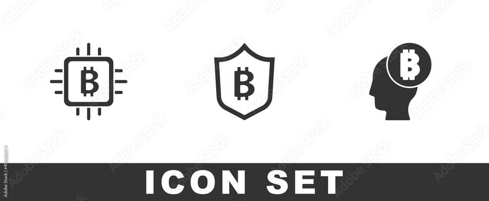 Set CPU mining farm, Shield with bitcoin and Bitcoin think icon. Vector. Set CPU mining farm, Shield with bitcoin and Bitcoin think icon. Vector.