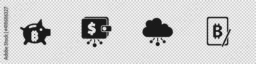 Set Piggy bank bitcoin, Cryptocurrency wallet, cloud mining and Mining from tablet icon. Vector.