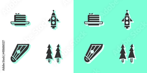 Set Christmas tree, Medovik, Kankles and Rocket ship icon. Vector.