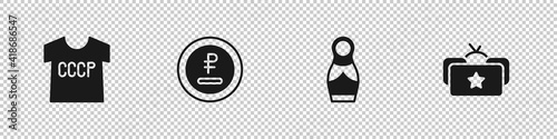 Set USSR t-shirt, Rouble, ruble currency, Russian doll matryoshka and Ushanka icon. Vector.