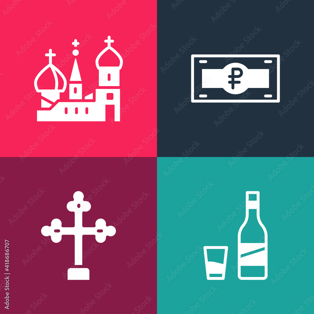 Set pop art Bottle of vodka with glass, Christian cross, Russian ruble banknote and Saint Basil's Cathedral icon. Vector. Set pop art Bottle of vodka with glass, Christian cross, Russian ruble banknote and Saint Basil's Cathedral icon. Vector.