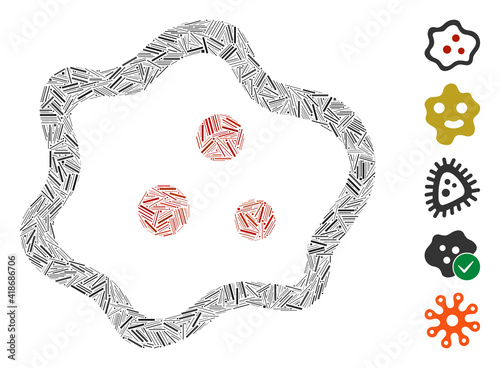 Line Mosaic based on amoeba icon. Mosaic vector amoeba is formed with random line spots. Bonus icons are added.