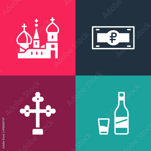 Set pop art Bottle of vodka with glass, Christian cross, Russian ruble banknote and Saint Basil's Cathedral icon. Vector.