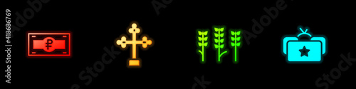 Set Russian ruble banknote, Christian cross, Wheat and Ushanka icon. Vector.
