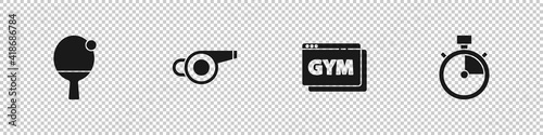 Set Racket and ball, Whistle, Online fitness training and Stopwatch icon. Vector.