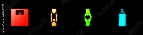 Set Bathroom scales, Smartwatch, and Punching bag icon. Vector.