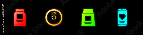 Set Sports nutrition, Weight plate, and Mobile with heart rate icon. Vector.