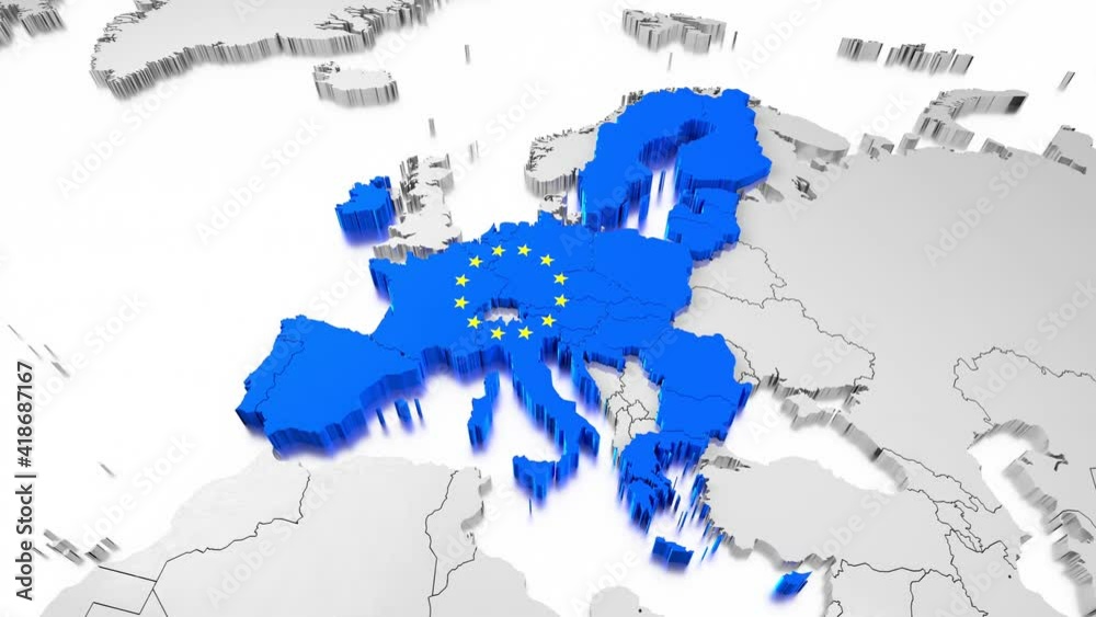 European Union map and flag - 4K animation (3840x2160 px), 3D rendering.