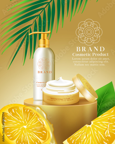 Cosmetic products vector template design. Cosmetics moisturizing cream and lotion product with natural lemon extract for natural skin care brand commercial promotion. Vector illustration
