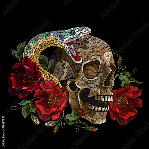 Embroidery human skull, snake and red roses flowers. Medieval kings, fairy tale. Fashion clothes template and t-shirt design. Dark gothic halloween art