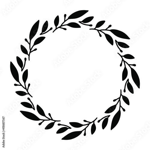 Vector hand drawn spring wreath isolated on white background. Silhouette circle of leaves. Doodle style. Floral frame.