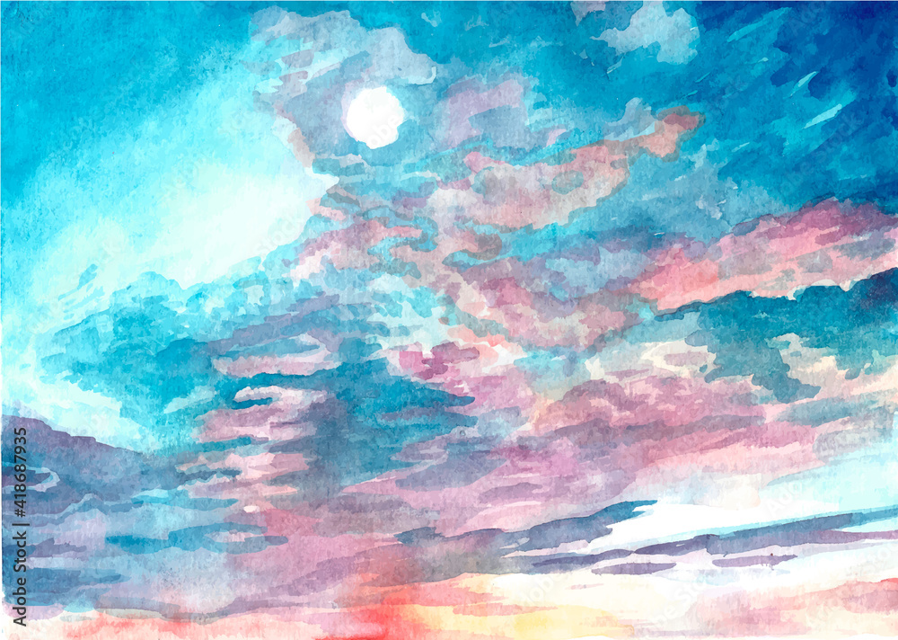 Unique watercolor illustration of a dramatic sky. Handmade colorful drawing. Use for poster, postcard. Grunge. Wall art. Watercolor clouds. Image of heavenly clouds. Background