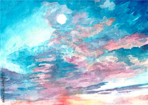 Unique watercolor illustration of a dramatic sky. Handmade colorful drawing. Use for poster  postcard. Grunge. Wall art. Watercolor clouds. Image of heavenly clouds. Background
